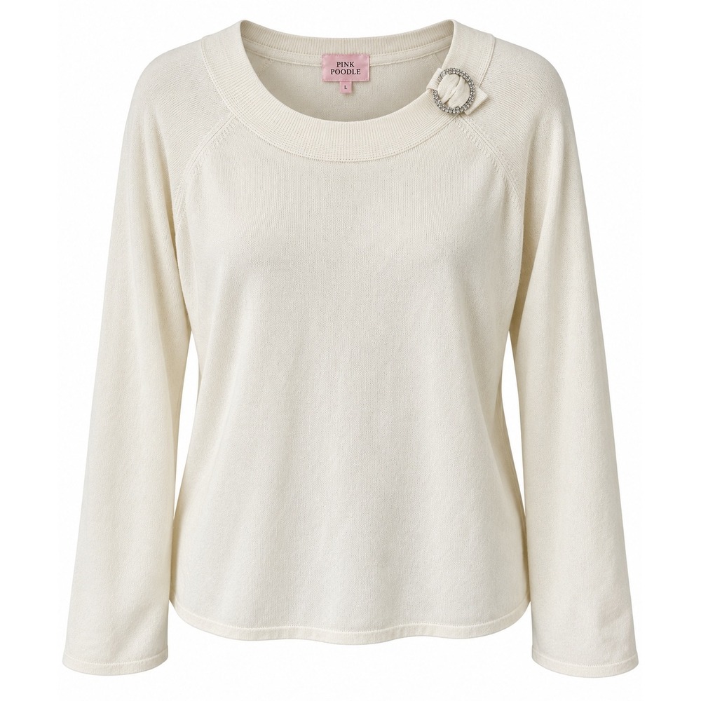 Pink Poodle Sweater Women L Cream Rhinestone Buckle Coquette Y2K Knit Top